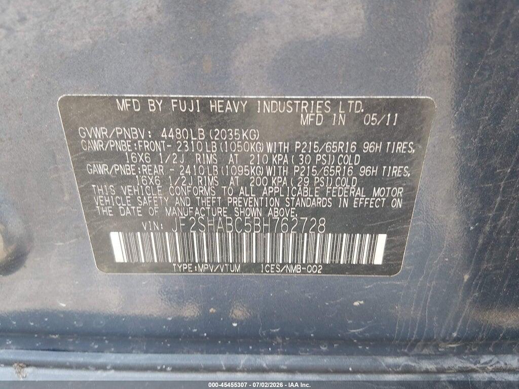 JF2SHABC5BH762728 2011 SUBARU FORESTER photo no. 9