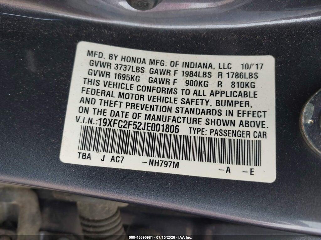 19XFC2F52JE001806 2018 HONDA CIVIC photo no. 9
