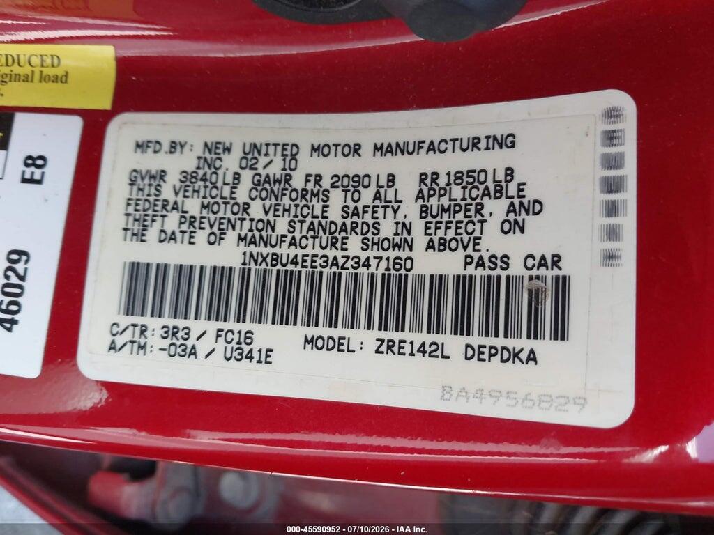 1NXBU4EE3AZ347160 2010 TOYOTA COROLLA photo no. 9