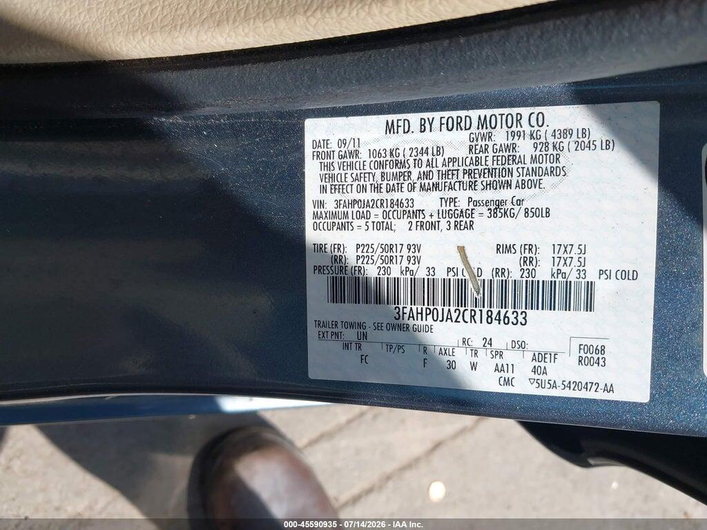 3FAHP0JA2CR184633 2012 FORD FUSION photo no. 9