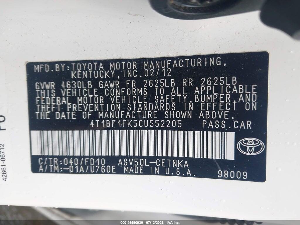 4T1BF1FK5CU552205 2012 TOYOTA CAMRY photo no. 9