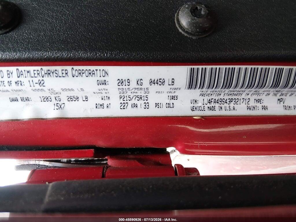 1J4FA49S43P321712 2003 JEEP WRANGLER photo no. 9