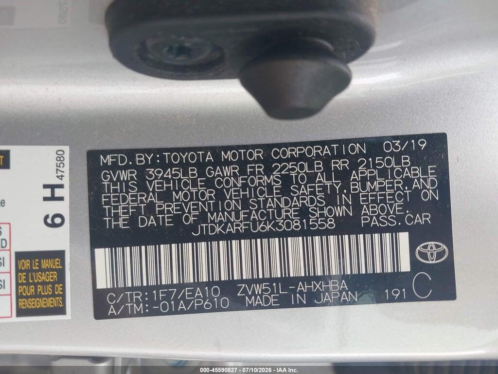 JTDKARFU6K3081558 2019 TOYOTA PRIUS photo no. 9