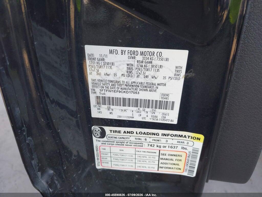 1FTFW1EF9CKD17053 2012 FORD F-150 photo no. 9