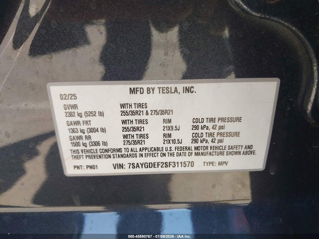 7SAYGDEF2SF311570 2025 TESLA MODEL Y photo no. 9