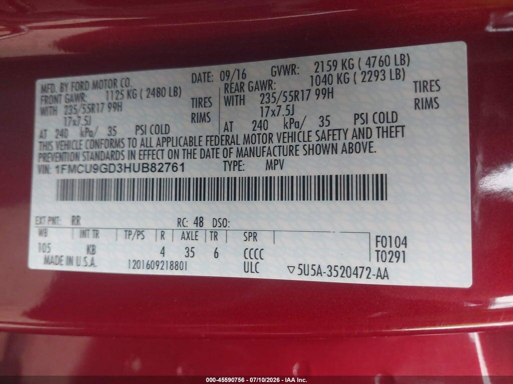 1FMCU9GD3HUB82761 2017 FORD ESCAPE photo no. 9