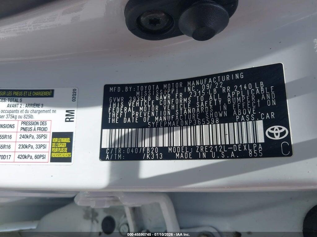 5YFEPMAE0NP365598 2022 TOYOTA COROLLA photo no. 9