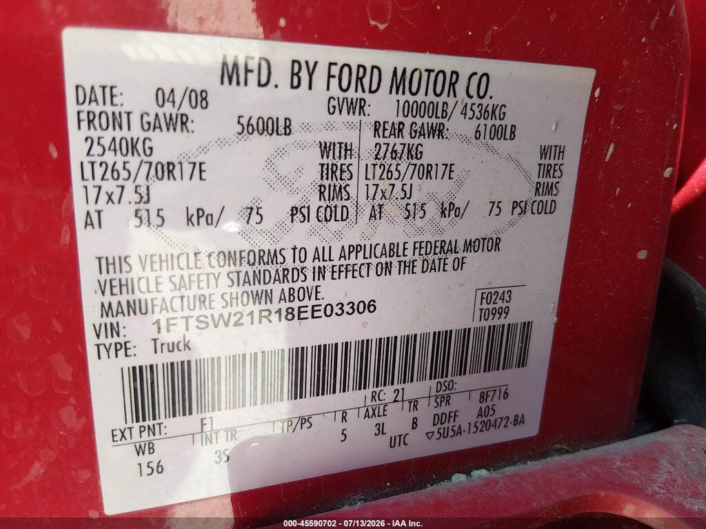 1FTSW21R18EE03306 2008 FORD SUPER DUTY F-250 SRW photo no. 9