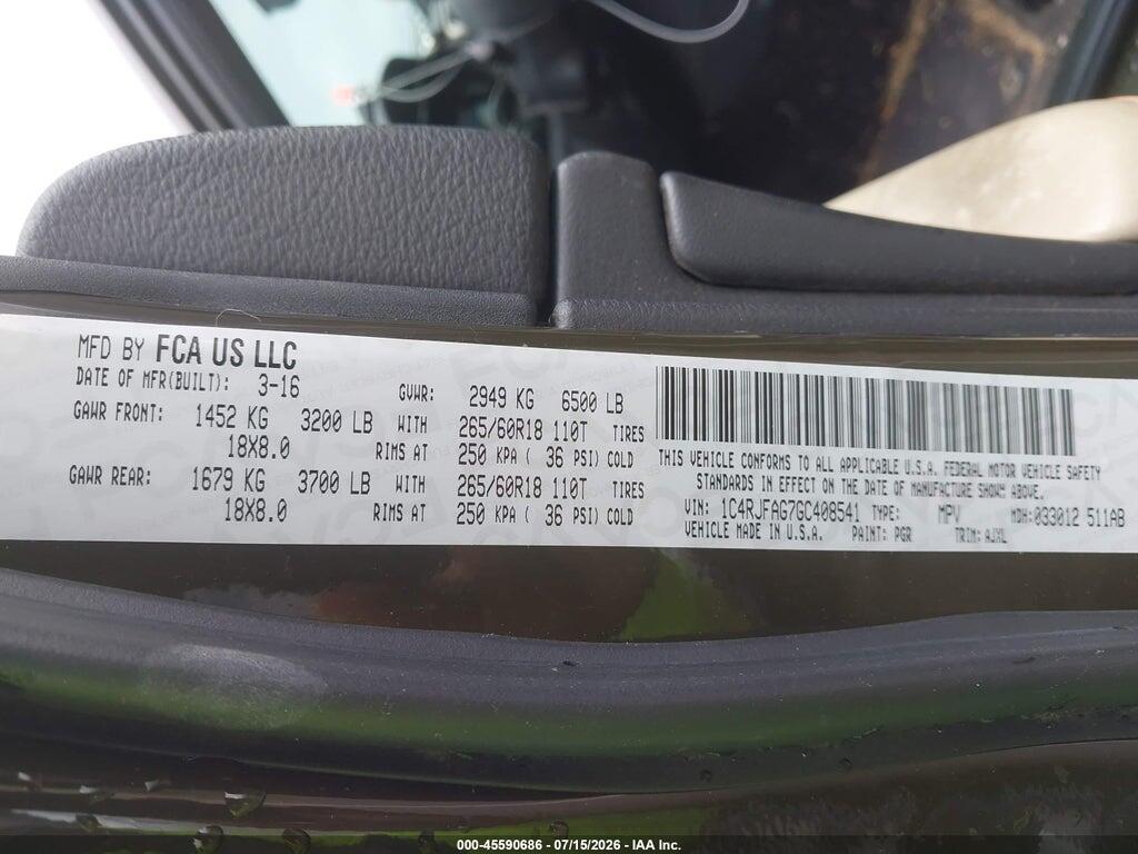 1C4RJFAG7GC408541 2016 JEEP GRAND CHEROKEE photo no. 9
