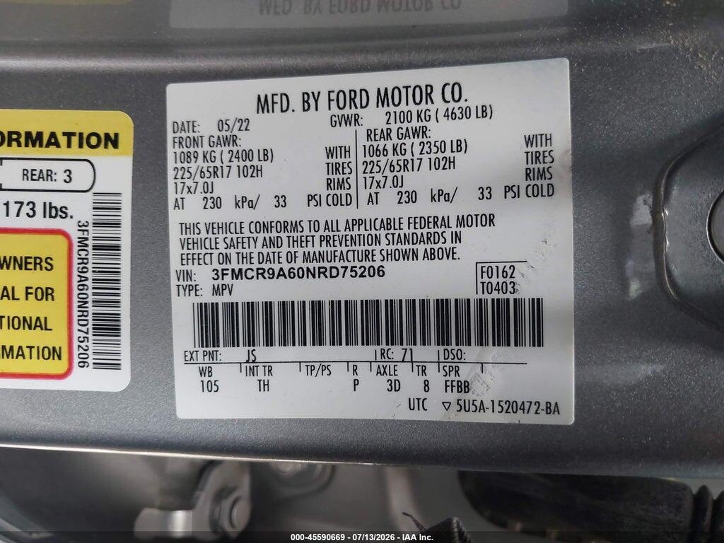 3FMCR9A60NRD75206 2022 FORD BRONCO SPORT photo no. 9