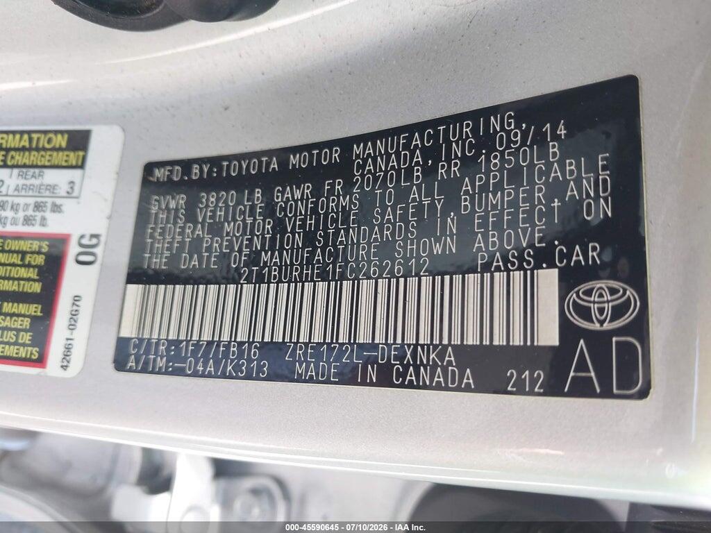 2T1BURHE1FC262612 2015 TOYOTA COROLLA photo no. 9