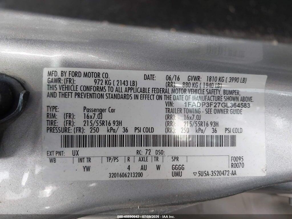 1FADP3F27GL364583 2016 FORD FOCUS photo no. 9