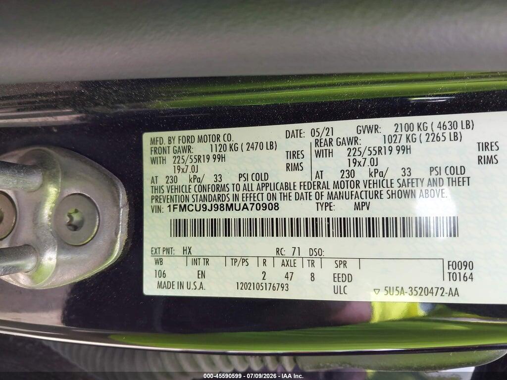 1FMCU9J98MUA70908 2021 FORD ESCAPE photo no. 9