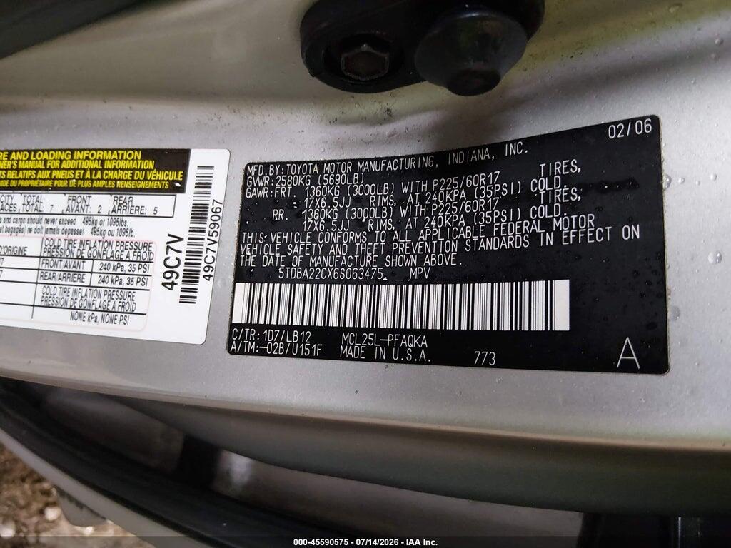 5TDBA22CX6S063475 2006 TOYOTA SIENNA photo no. 9