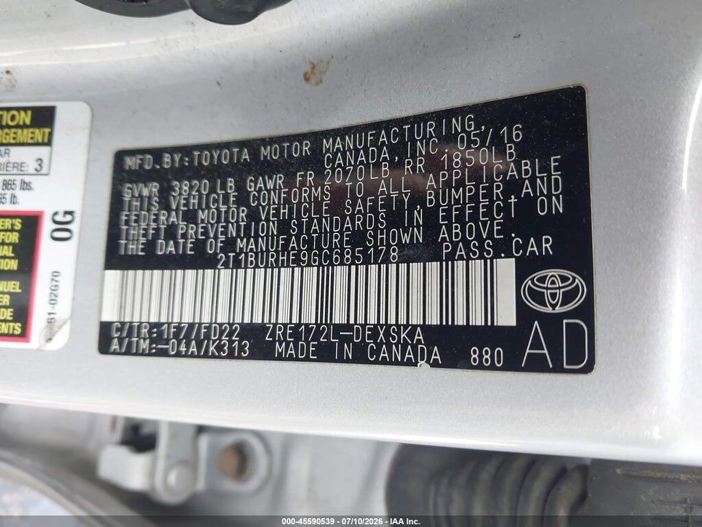 2T1BURHE9GC685178 2016 TOYOTA COROLLA photo no. 9