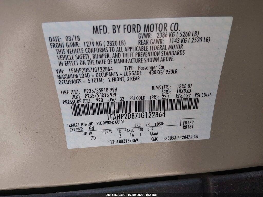 1FAHP2D87JG122864 2018 FORD TAURUS photo no. 9