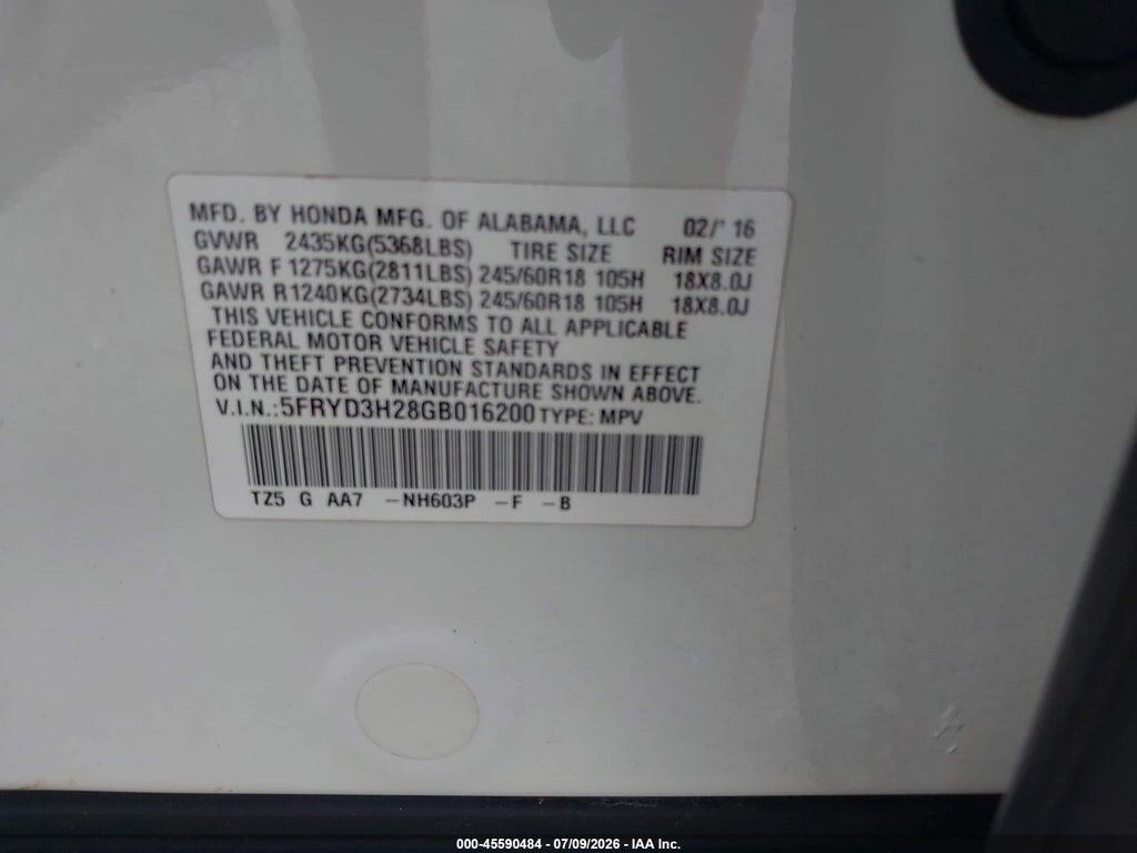 5FRYD3H28GB016200 2016 ACURA MDX photo no. 9