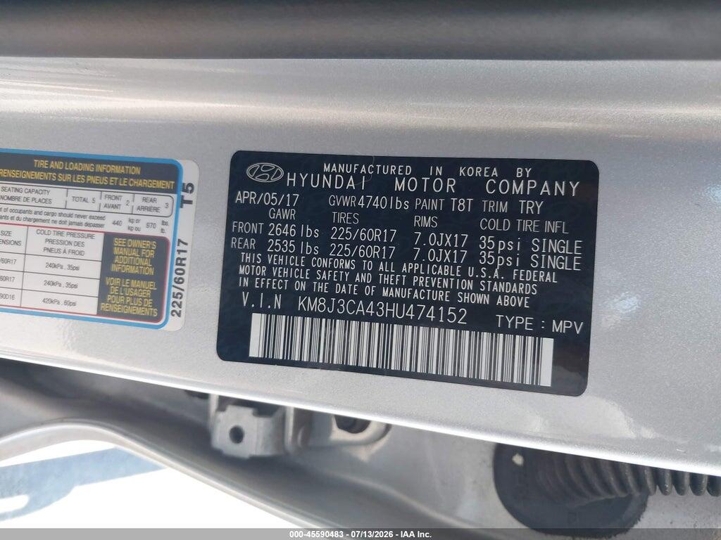 KM8J3CA43HU474152 2017 HYUNDAI TUCSON photo no. 9