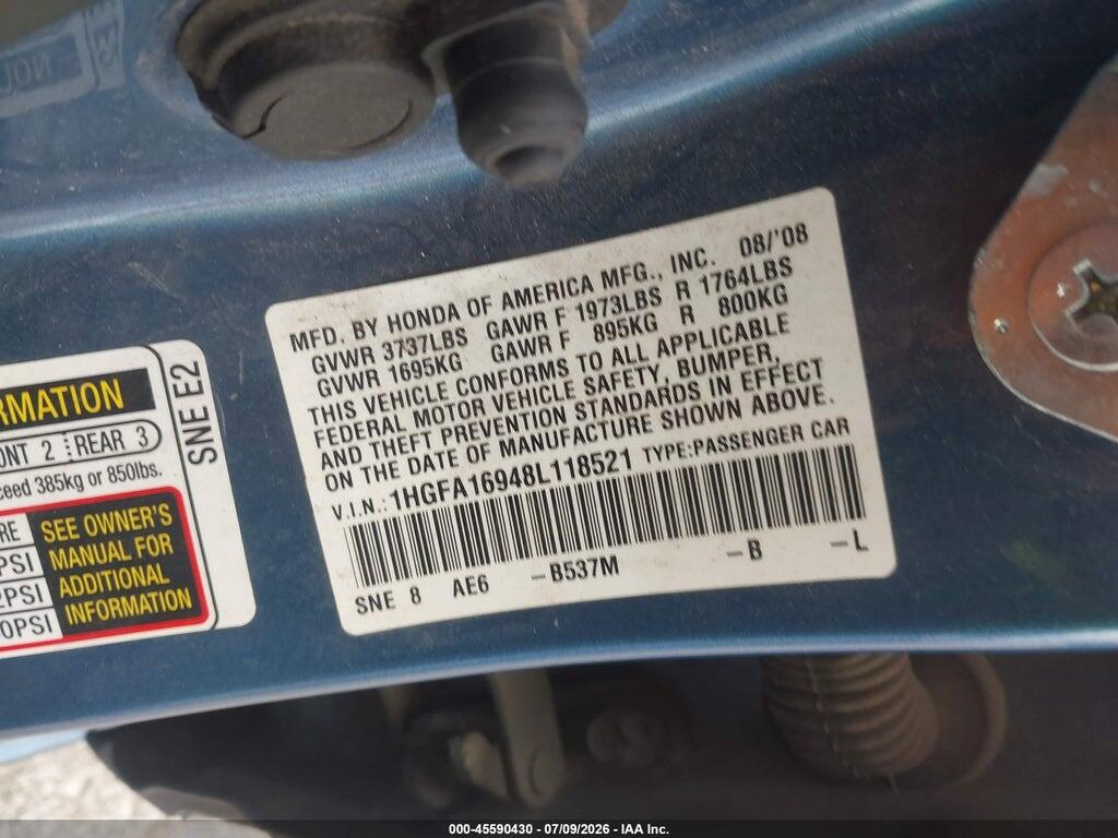 1HGFA16948L118521 2008 HONDA CIVIC photo no. 9