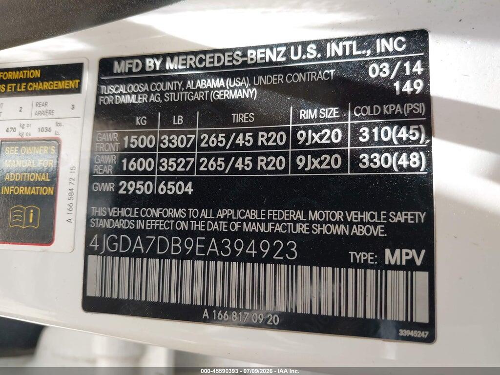 4JGDA7DB9EA394923 2014 MERCEDES-BENZ ML 550 photo no. 9