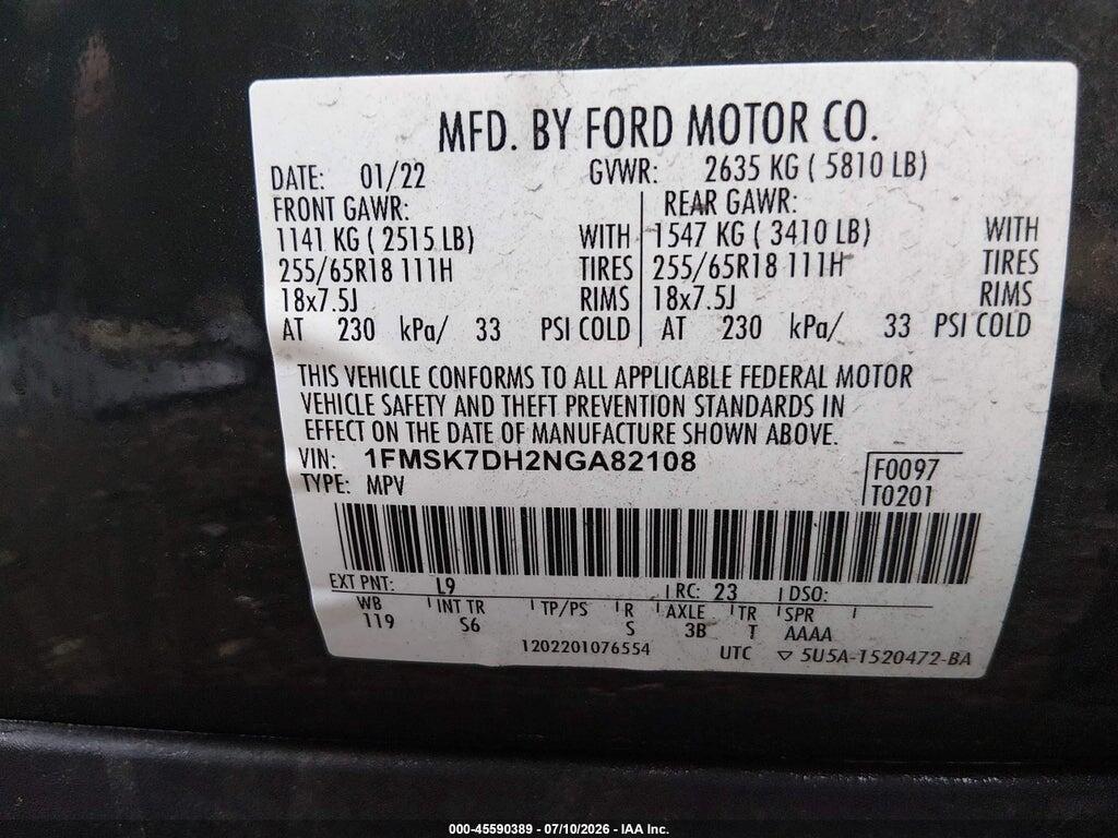 1FMSK7DH2NGA82108 2022 FORD EXPLORER photo no. 9