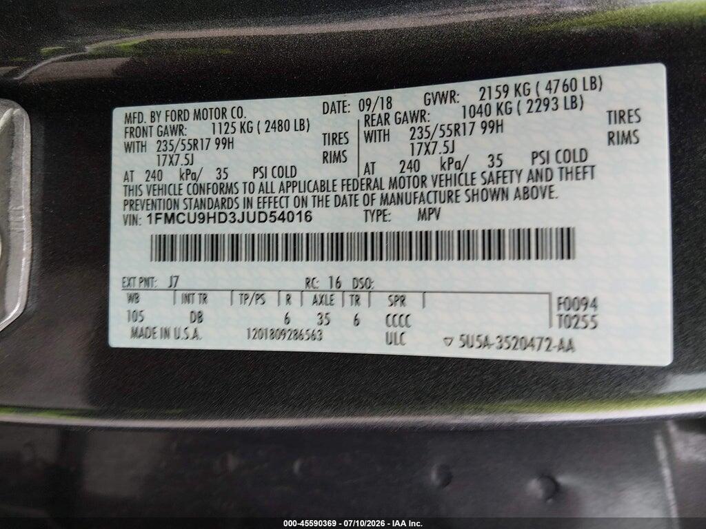 1FMCU9HD3JUD54016 2018 FORD ESCAPE photo no. 9