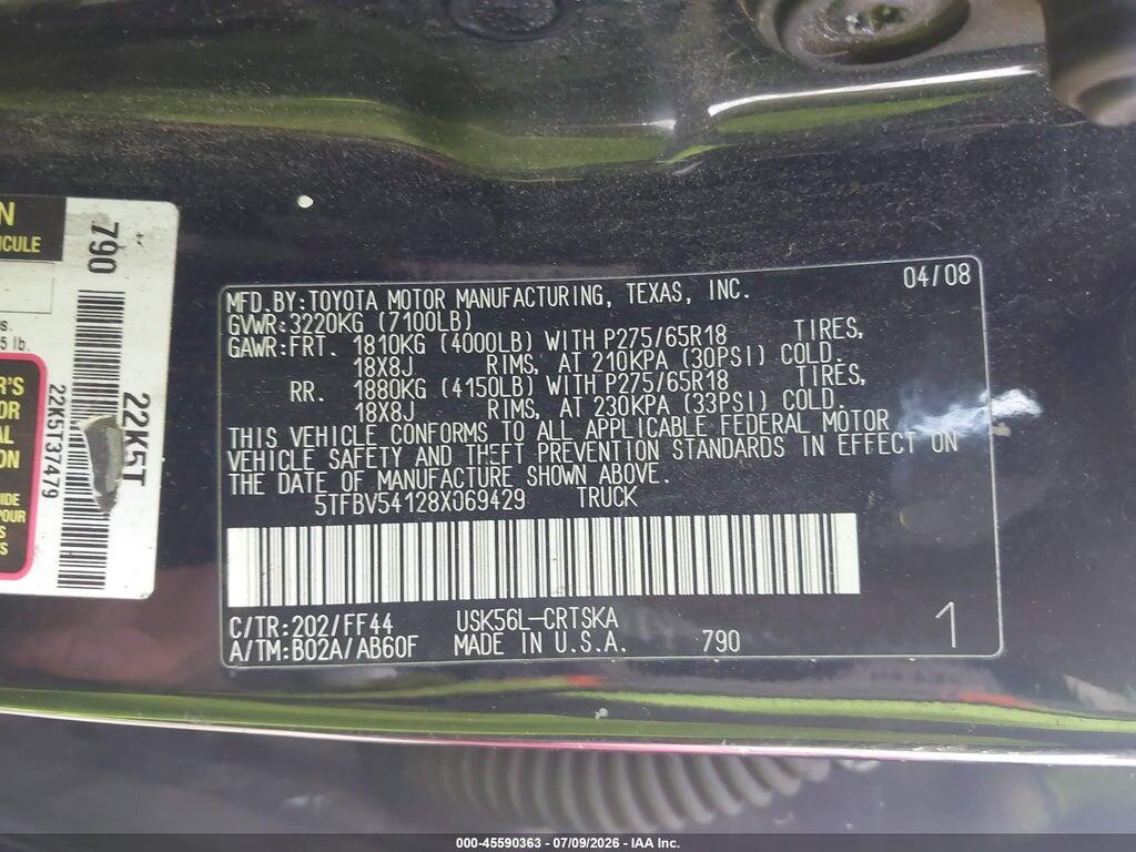 5TFBV54128X069429 2008 TOYOTA TUNDRA photo no. 9