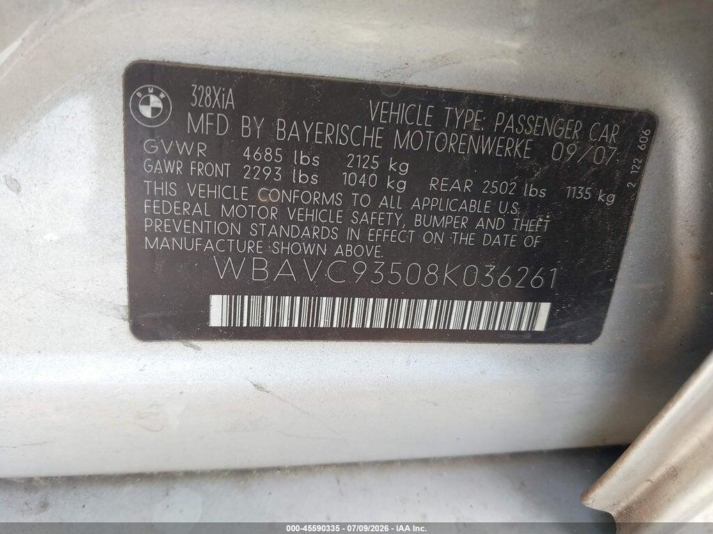 WBAVC93508K036261 2008 BMW 328XI photo no. 9