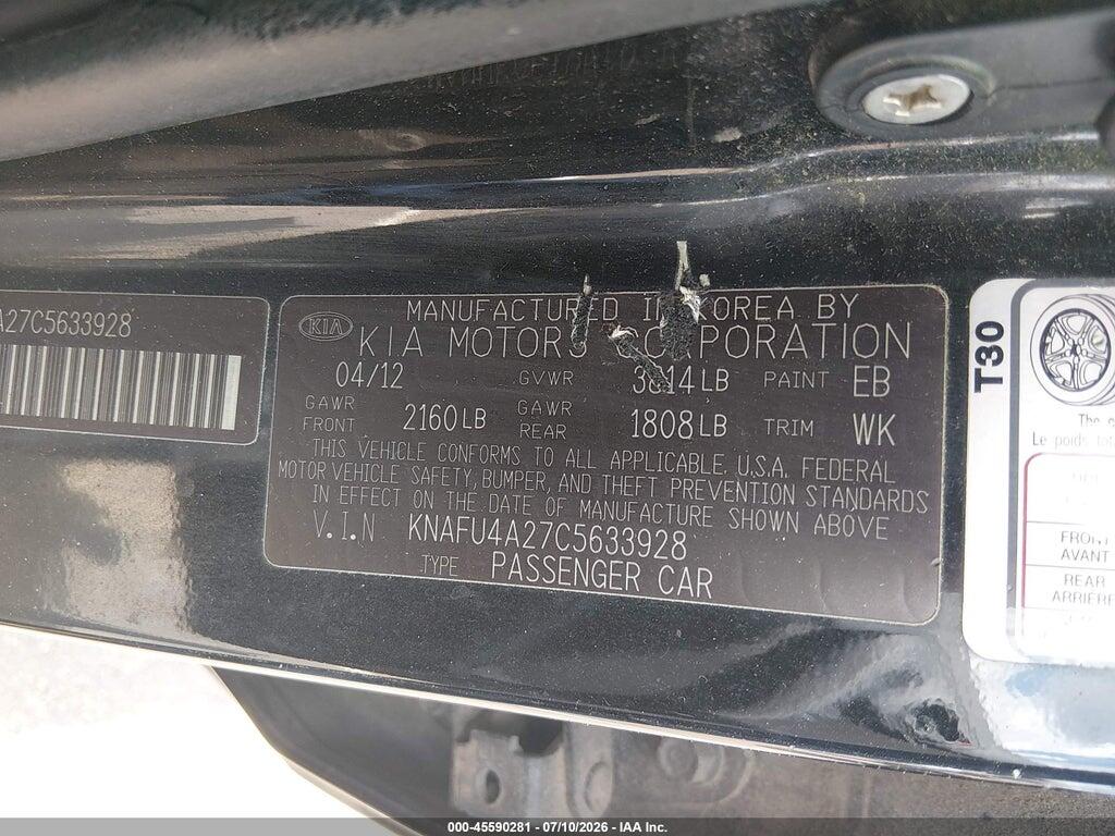 KNAFU4A27C5633928 2012 KIA FORTE photo no. 9