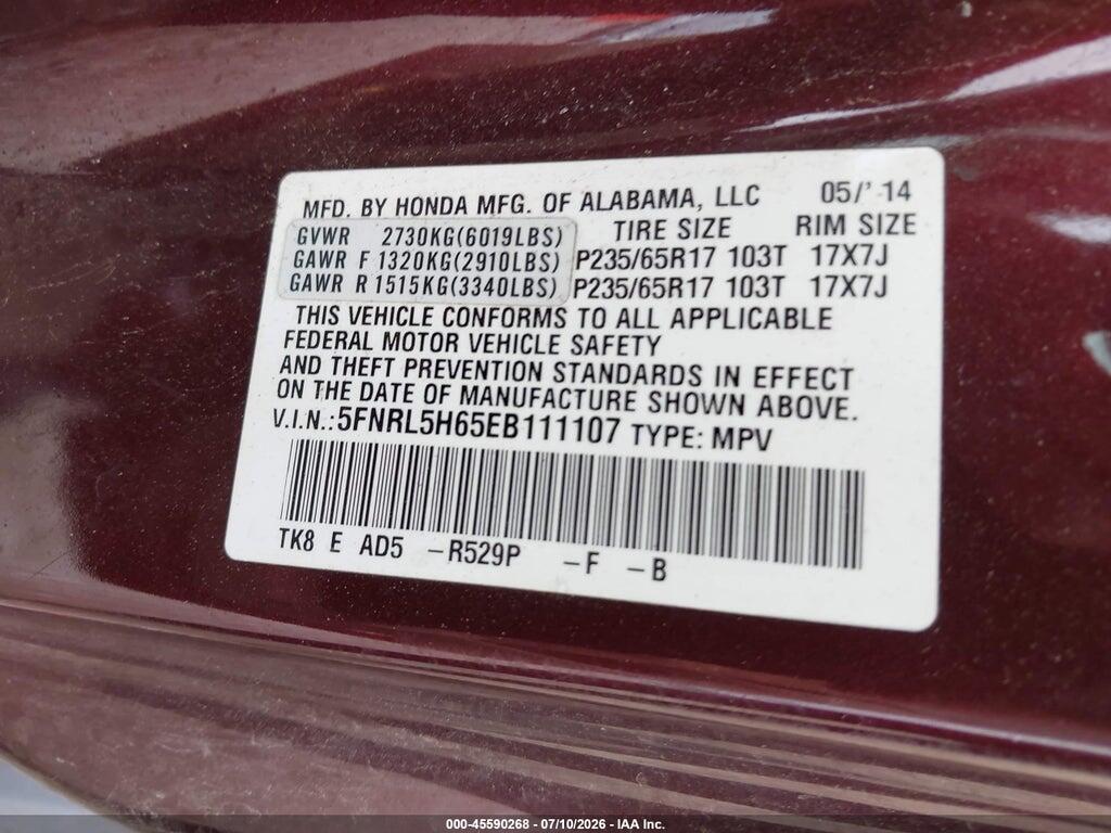 5FNRL5H65EB111107 2014 HONDA ODYSSEY photo no. 9