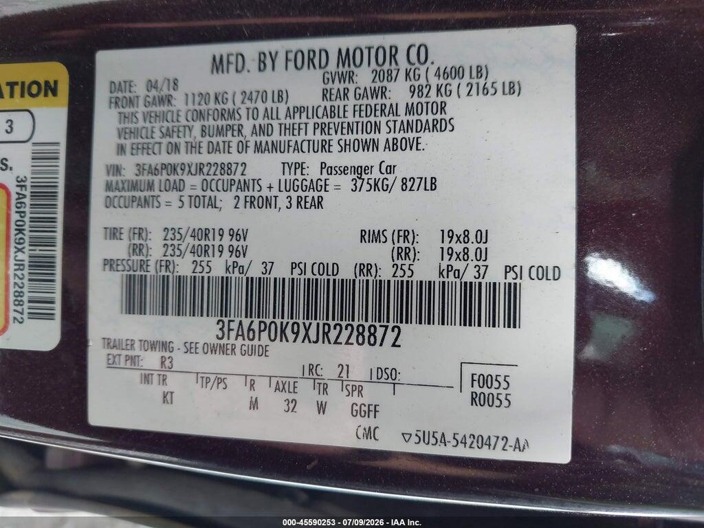 3FA6P0K9XJR228872 2018 FORD FUSION photo no. 9