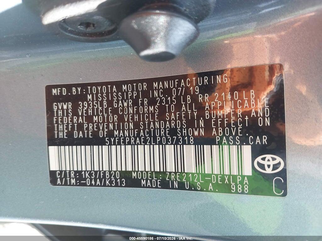 5YFEPRAE2LP037318 2020 TOYOTA COROLLA photo no. 9