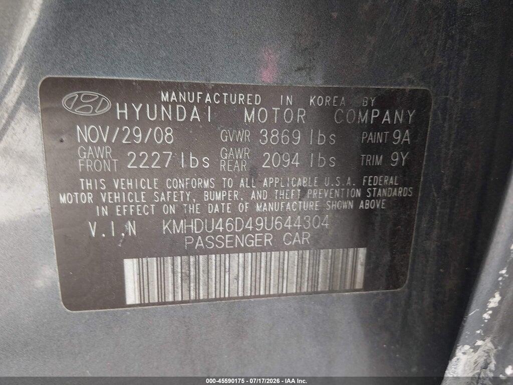 KMHDU46D49U644304 2009 HYUNDAI ELANTRA photo no. 9