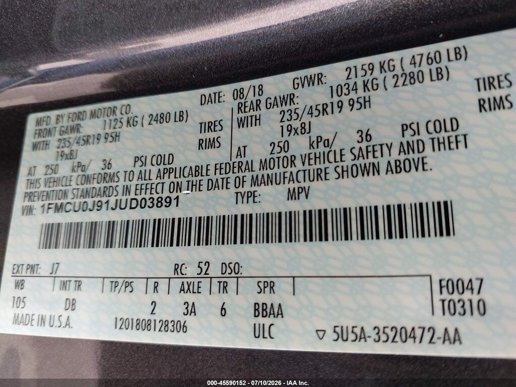 1FMCU0J91JUD03891 2018 FORD ESCAPE photo no. 9