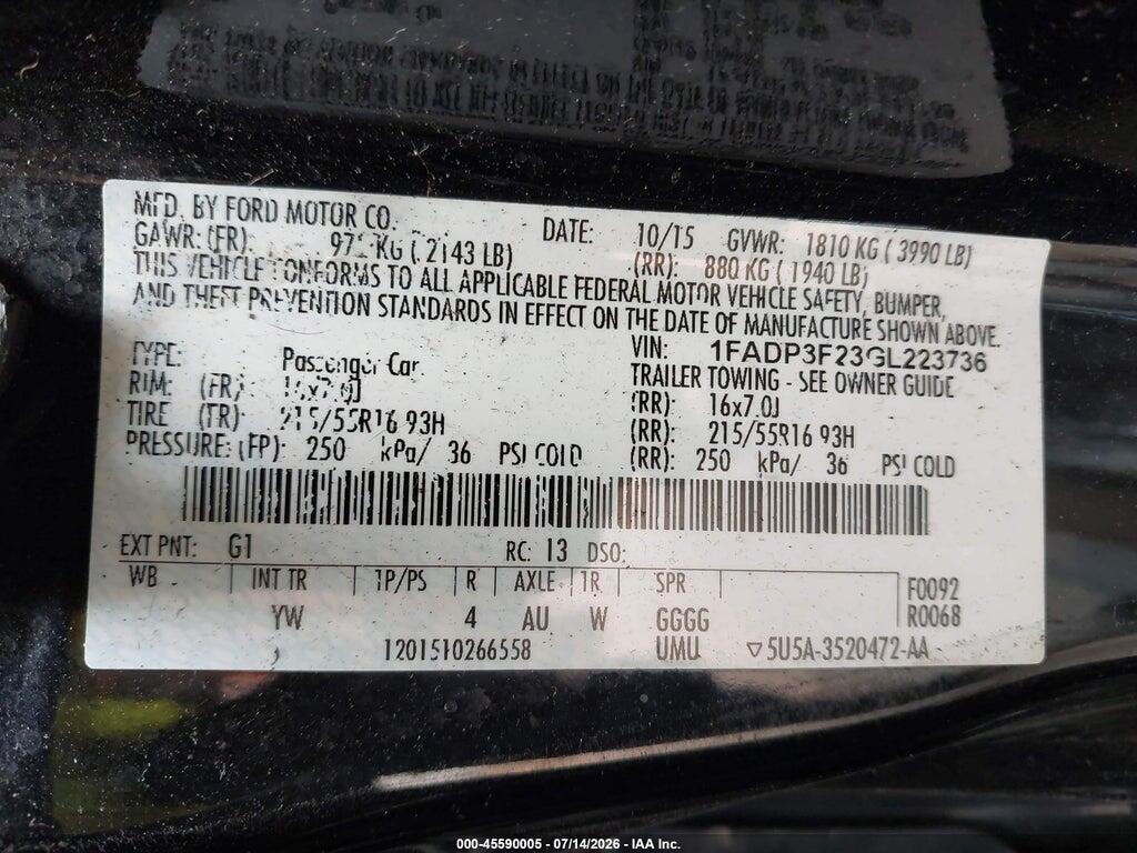 1FADP3F23GL223736 2016 FORD FOCUS photo no. 9