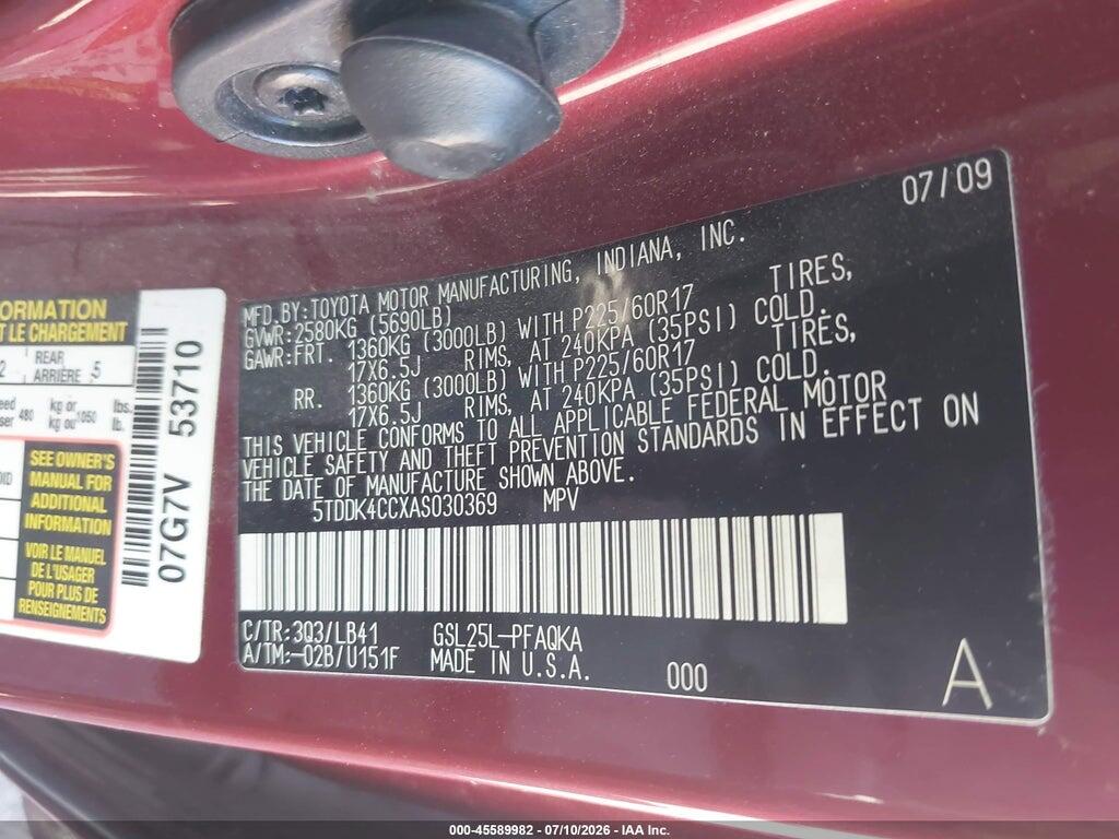 5TDDK4CCXAS030369 2010 TOYOTA SIENNA photo no. 9
