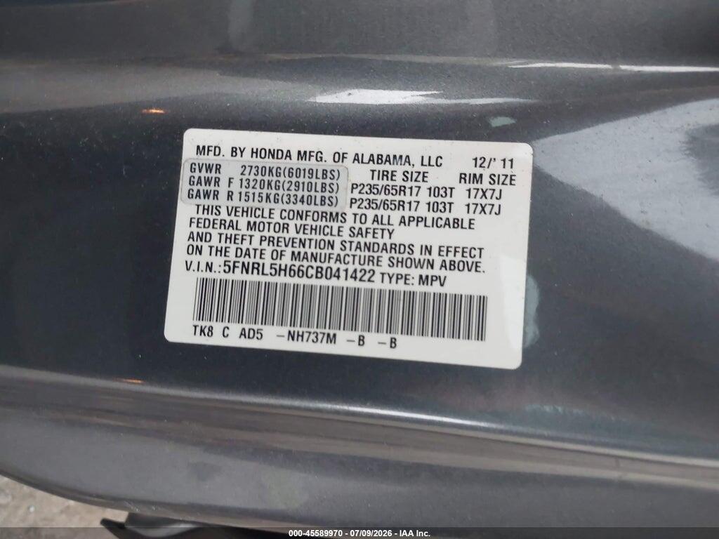 5FNRL5H66CB041422 2012 HONDA ODYSSEY photo no. 9