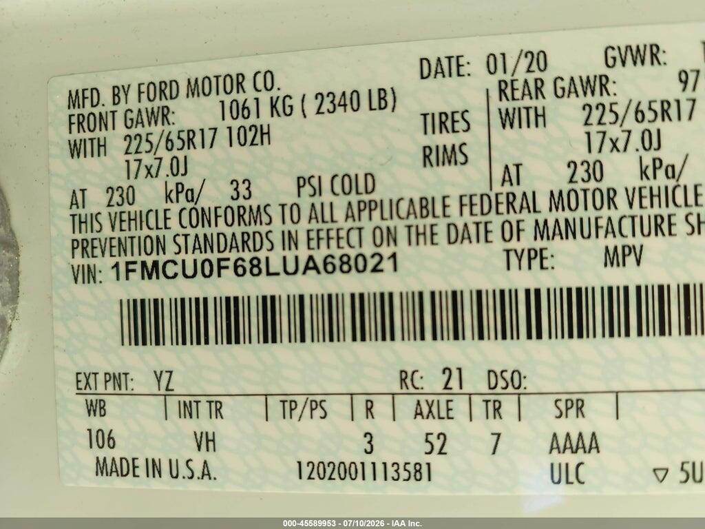 1FMCU0F68LUA68021 2020 FORD ESCAPE photo no. 9