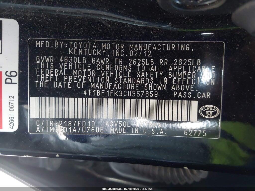 4T1BF1FK3CU557659 2012 TOYOTA CAMRY photo no. 9