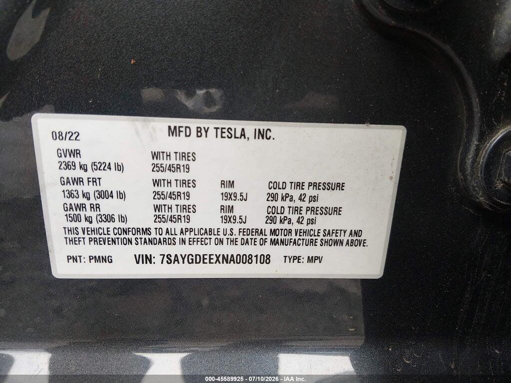 7SAYGDEEXNA008108 2022 TESLA MODEL Y photo no. 9