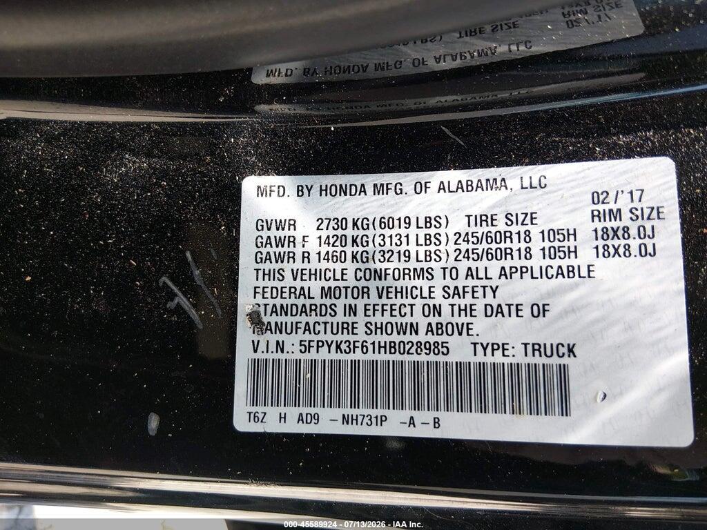 5FPYK3F61HB028985 2017 HONDA RIDGELINE photo no. 9