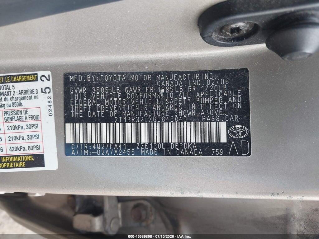 2T1BR32E76C646840 2006 TOYOTA COROLLA photo no. 9