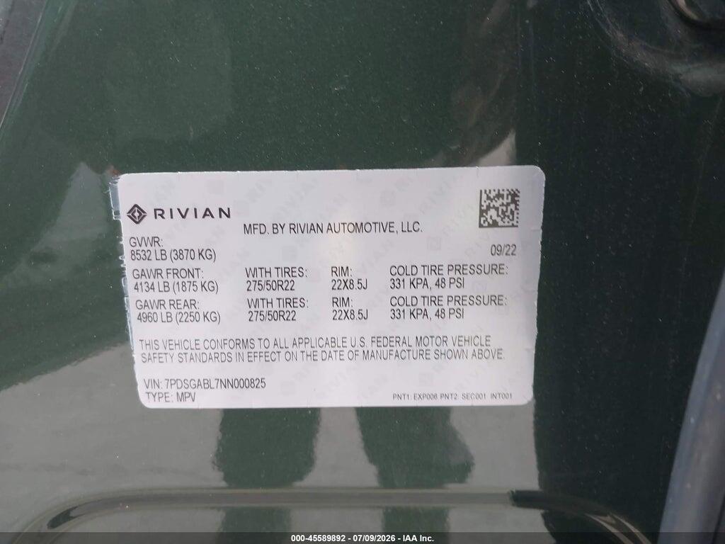 7PDSGABL7NN000825 2022 RIVIAN R1S photo no. 9