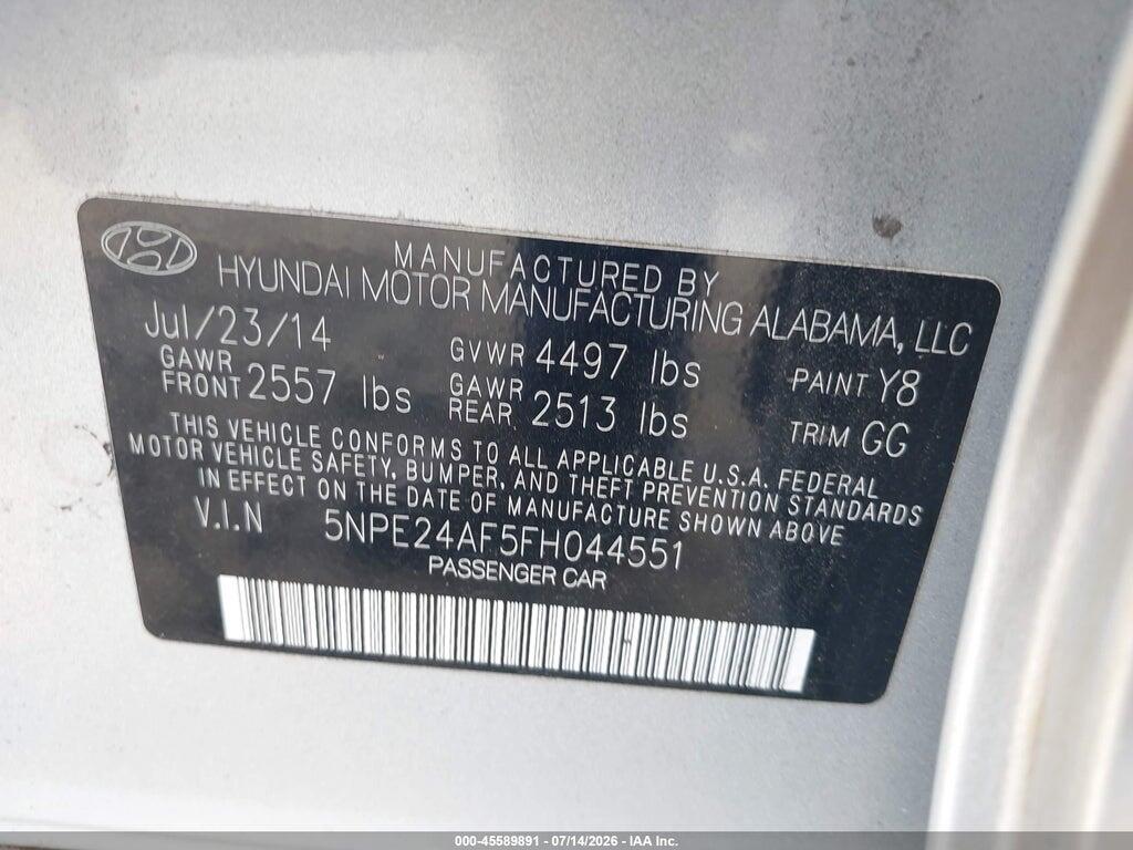 5NPE24AF5FH044551 2015 HYUNDAI SONATA photo no. 9