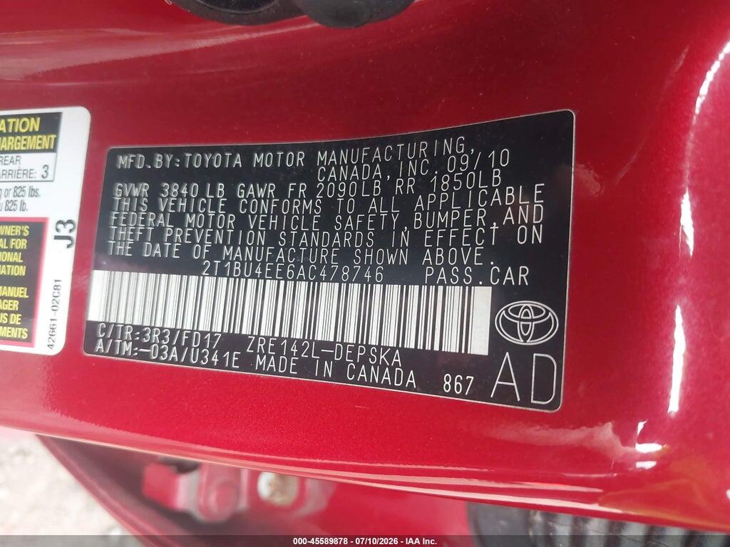 2T1BU4EE6AC478746 2010 TOYOTA COROLLA photo no. 9