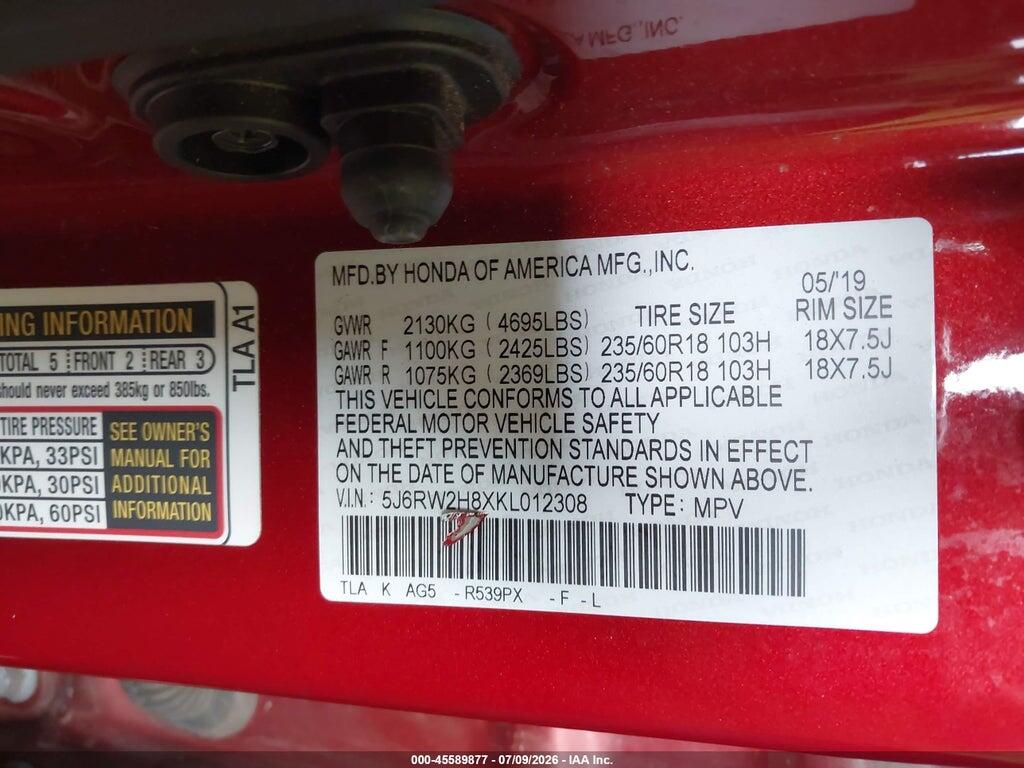5J6RW2H8XKL012308 2019 HONDA CR-V photo no. 9