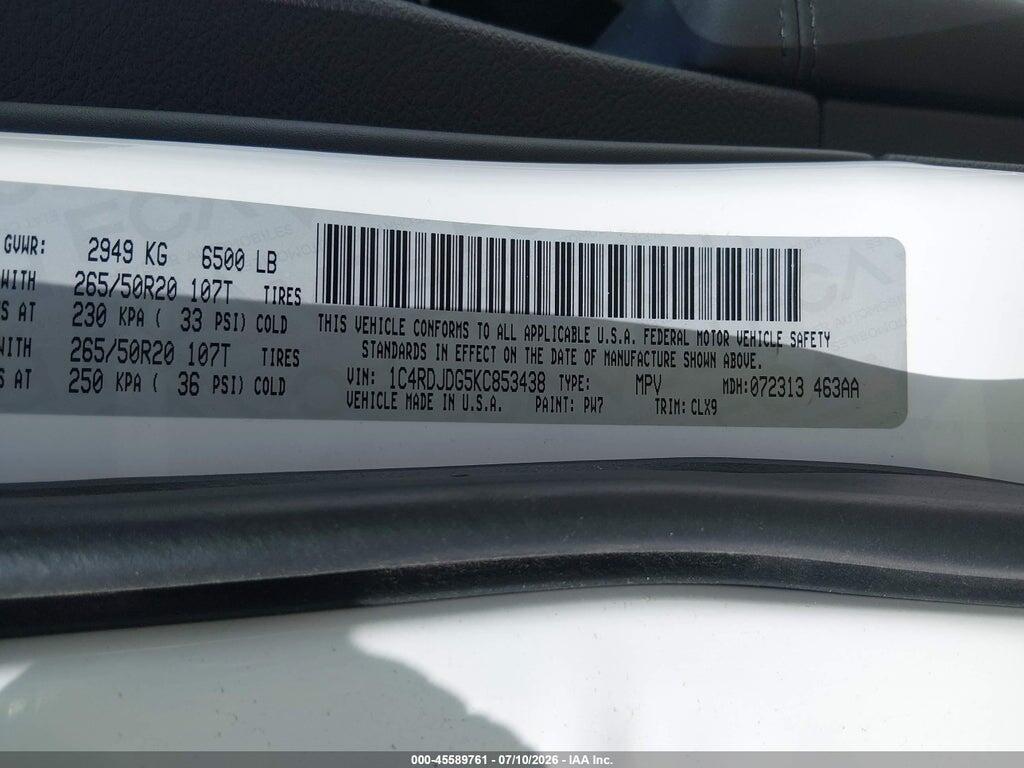 1C4RDJDG5KC853438 2019 DODGE DURANGO photo no. 9