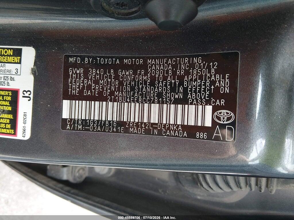 2T1BU4EE8CC781157 2012 TOYOTA COROLLA photo no. 9