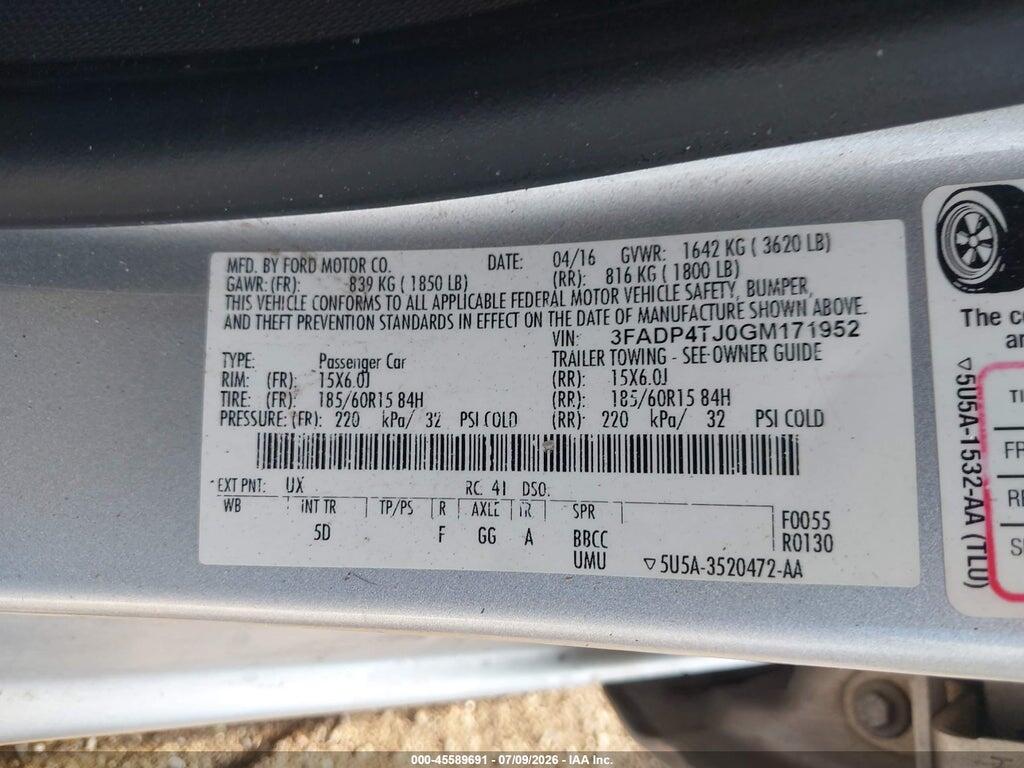 3FADP4TJ0GM171952 2016 FORD FIESTA photo no. 9