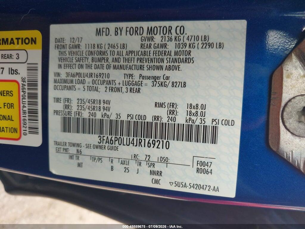 3FA6P0LU4JR169210 2018 FORD FUSION HYBRID photo no. 9